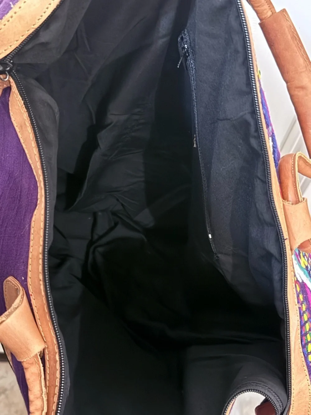 Purple Hand Embroidered Tote with Tan Leather Trim and Multicolor Pattern